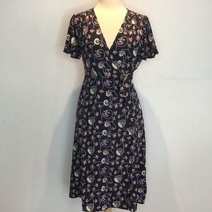 Wrap midi dress Black with floral print Soprano short sleeve. Size Medium